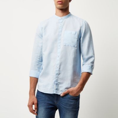 Light blue linen-rich grandad collar shirt